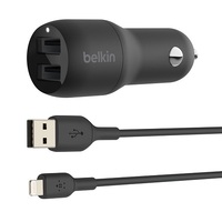 Belkin BoostCharge Dual USB-A Car Charger 24W + Lightning to USB-A Cable(1M) - Black(CCD001bt1MBK),2xUSB-A(12W),Dual Port Fast & Compact Charger, 2YR.