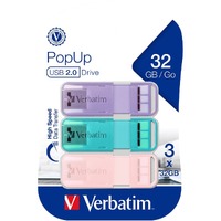 Verbatim Store 'n' Go PopUp 32 GB USB 2.0 Flash Drive - Aqua, Pink, Purple - Lifetime Warranty - 3 / Pack