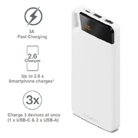 Cygnett ChargeUp Boost 4th Gen 10K mAh Power Bank-White(CY4748PBCHE)Triple Port(Dual USB-A 15W + 1xUSB-C 15W),15cm USB-C Cable,Digital Display,15W Max