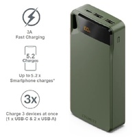 Cygnett ChargeUp Boost 4th Gen 20K mAh Power Bank-Green(CY4750PBCHE)Triple Port(Dual USB-A 15W + 1xUSB-C 15W),15cm USB-C Cable,Digital Display,15W Max