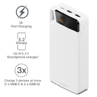 Cygnett ChargeUp Boost 4th Gen 20K mAh Power Bank-White(CY4752PBCHE)Triple Port(Dual USB-A 15W + 1xUSB-C 15W),15cm USB-C Cable,Digital Display,15W Max