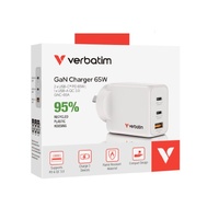 Verbatim 3 Port 65 Watt Portable GaN charger, 2 x USB-C PD 65w, 1x USB-A QC 3.0, GNC-65A Compact Design Apple, Android, Samsung,